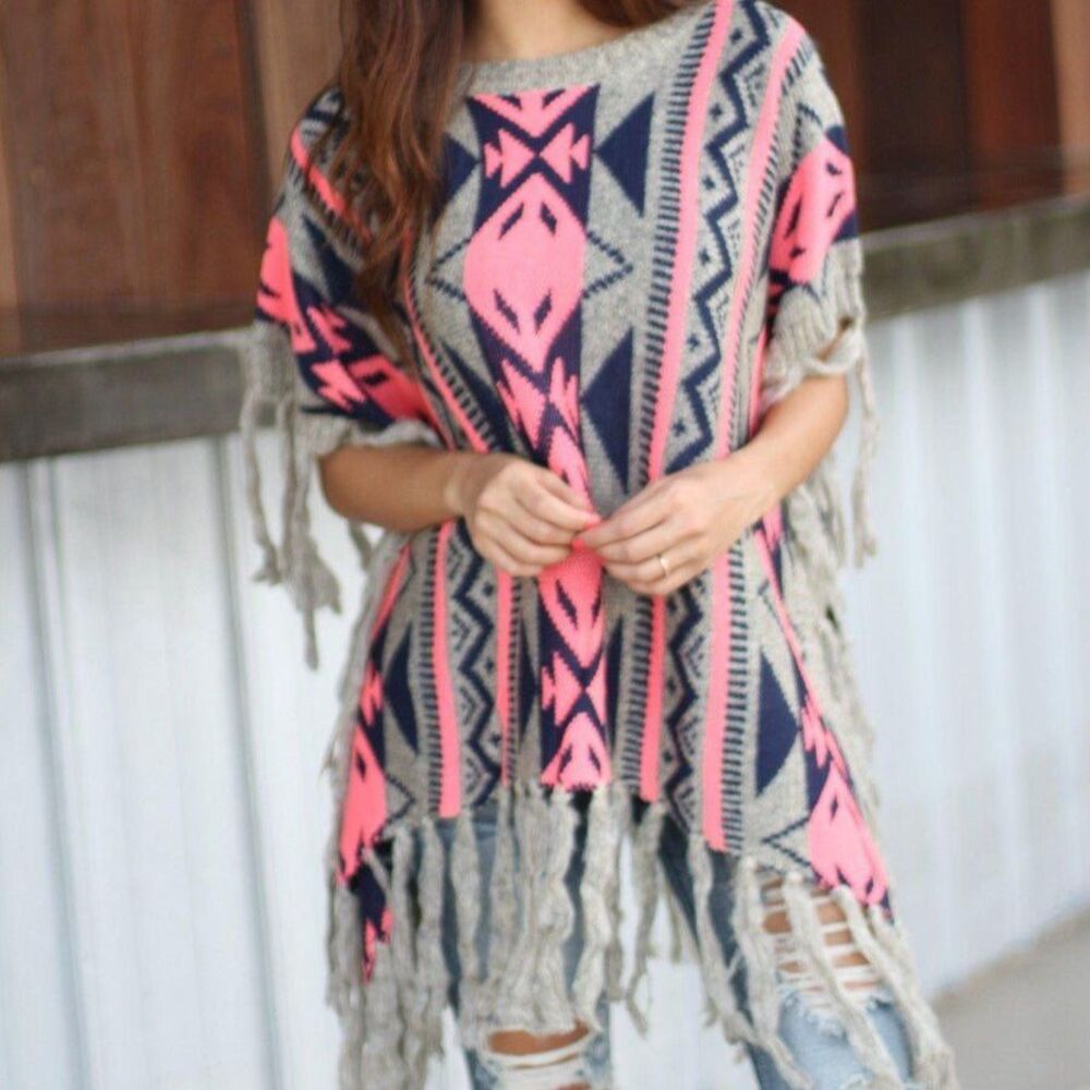 Aztec Fringe Poncho Sweater M Pink Knit Tribal Caftan Cardigan Boho 70s Festival